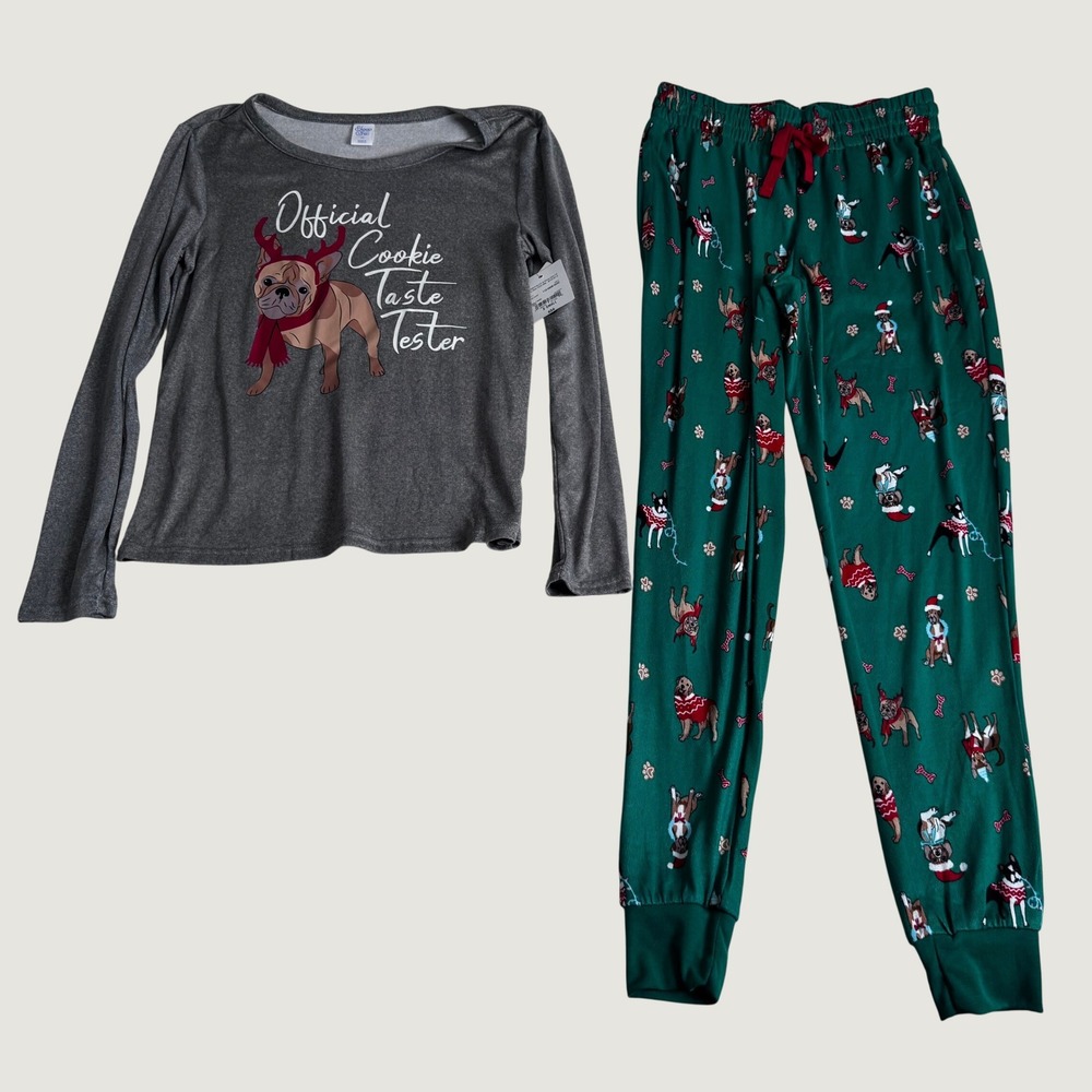 Sleep Chic Womens NEW Christmas Pajama Set XS Gray Frenchie Cookie Tester Dog